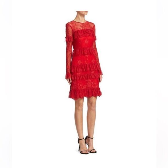NWT ML Monique Lhuillier red Lace Ruffled long sleeve mini dress Size sz 2 - Picture 3 of 10
